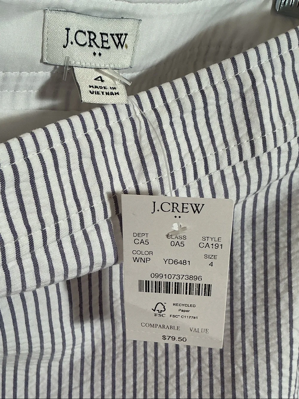 NWT J. Crew Seersucker White and Blue Pinstriped A-line Mini Skirt Sz 4 Cotton